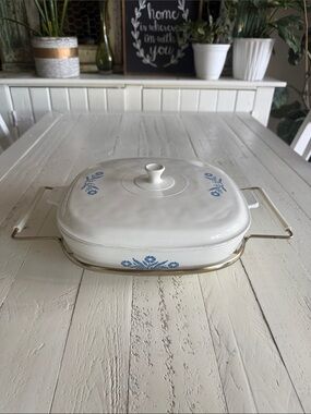 Vintage CorningWare Blue Cornflower Casserole Dish Set with Lid & Serving Cradle